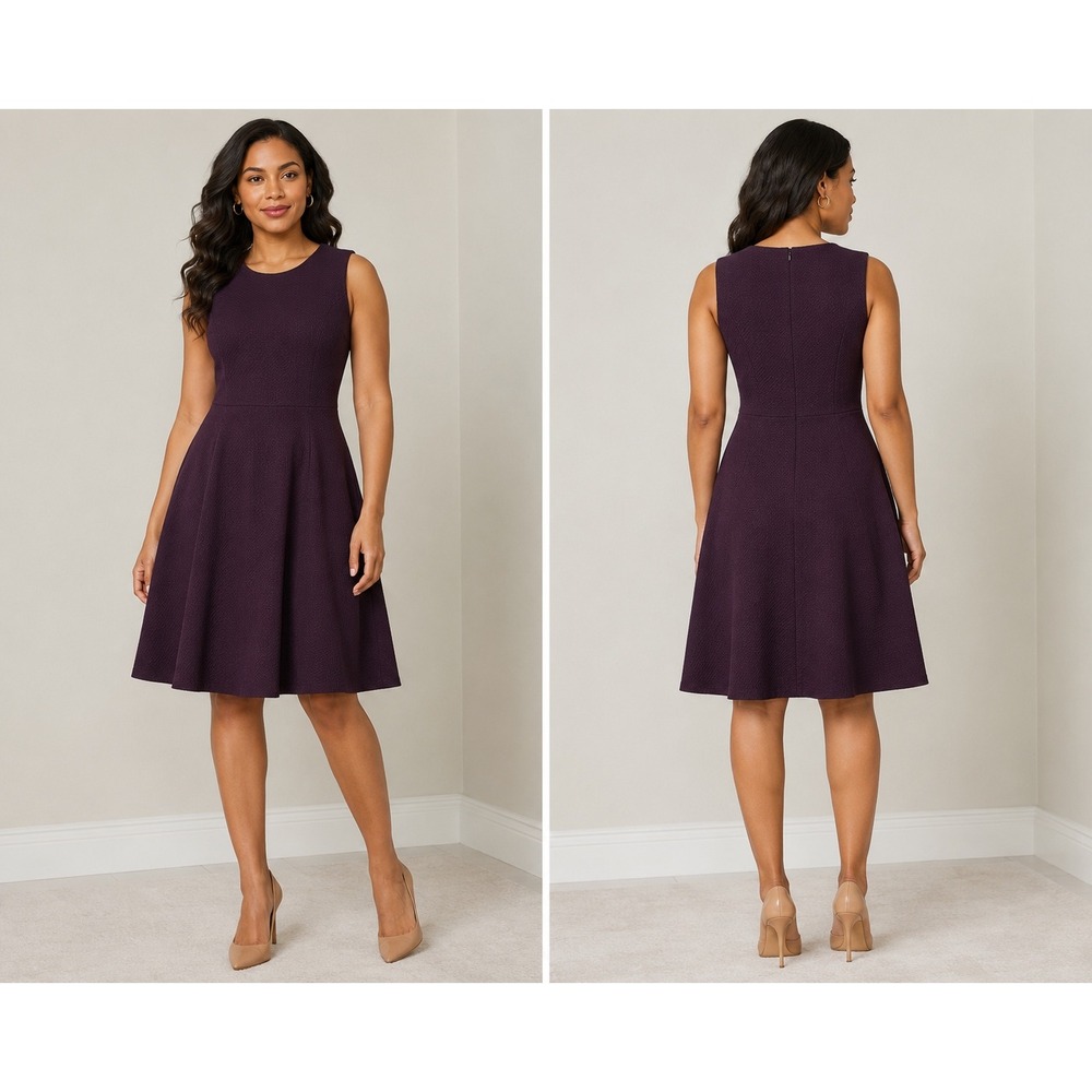 Ralph Lauren Dress 8 Plum Textured Fit Flare ALine Midi Cocktail Career Wedding